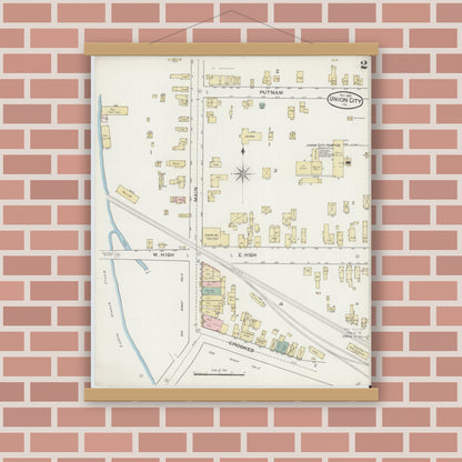 Old map wall art mockup — magnetic wood frame on brick wall — Sanborn Fire Insurance Map from Union City, Erie County, Pennsylvania (1887), Sheet #0002