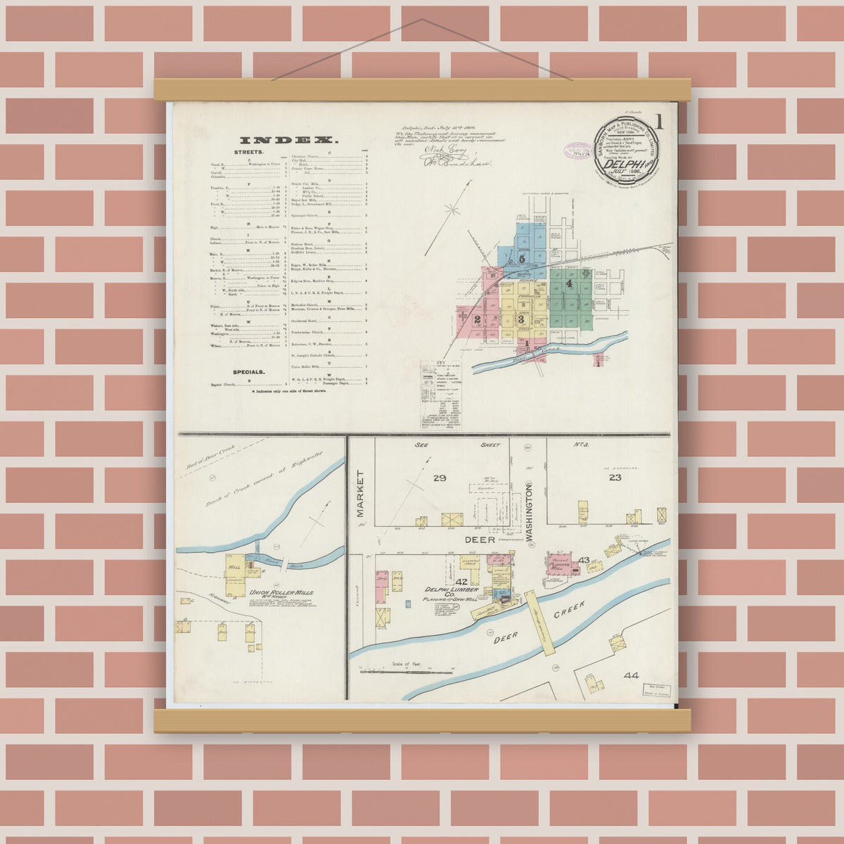 Old map wall art mockup — magnetic wood frame on brick wall — Sanborn Fire Insurance Map from Delphi, Carroll County, Indiana (1886) - Complete Map Set