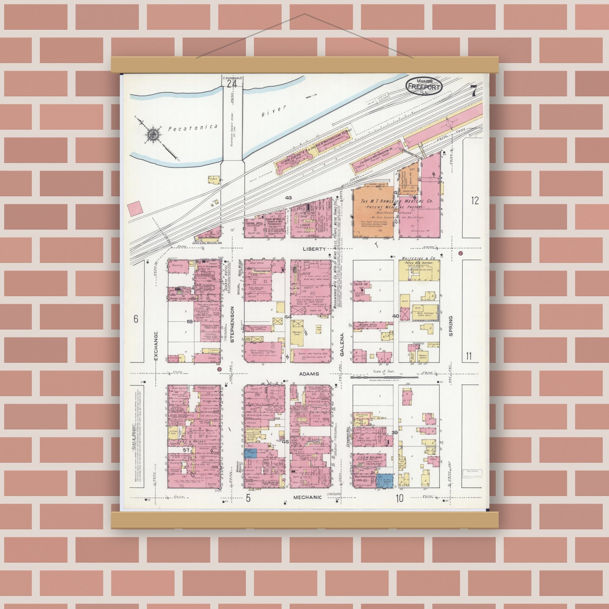 Old map wall art mockup — magnetic wood frame on brick wall — Sanborn Fire Insurance Map from Freeport, Stephenson County, Illinois (1918), Sheet #0007