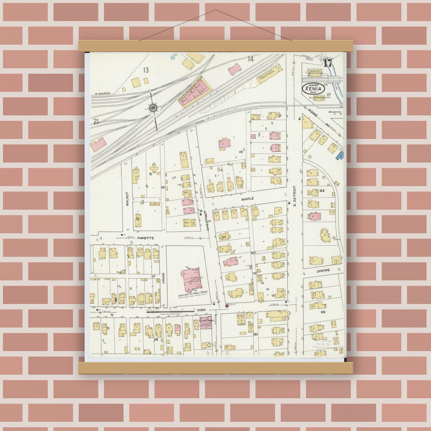 Old map wall art mockup — magnetic wood frame on brick wall — Sanborn Fire Insurance Map from Xenia, Greene County, Ohio (1919), Sheet #0017