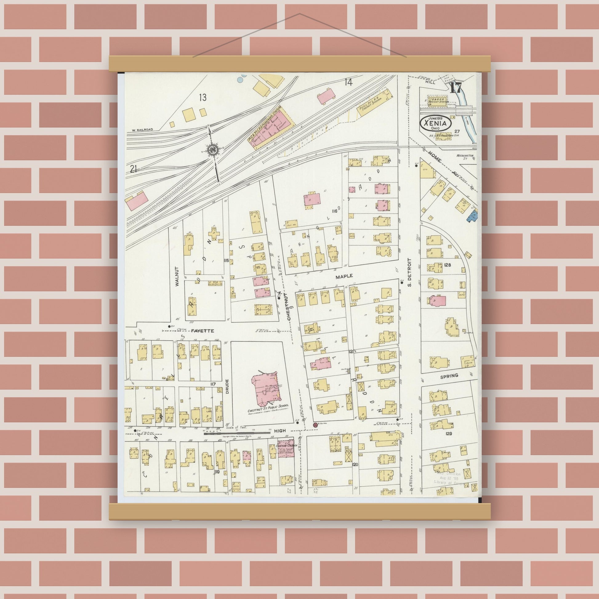 Old map wall art mockup — magnetic wood frame on brick wall — Sanborn Fire Insurance Map from Xenia, Greene County, Ohio (1919), Sheet #0017