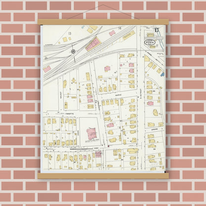 Old map wall art mockup — magnetic wood frame on brick wall — Sanborn Fire Insurance Map from Xenia, Greene County, Ohio (1919), Sheet #0017