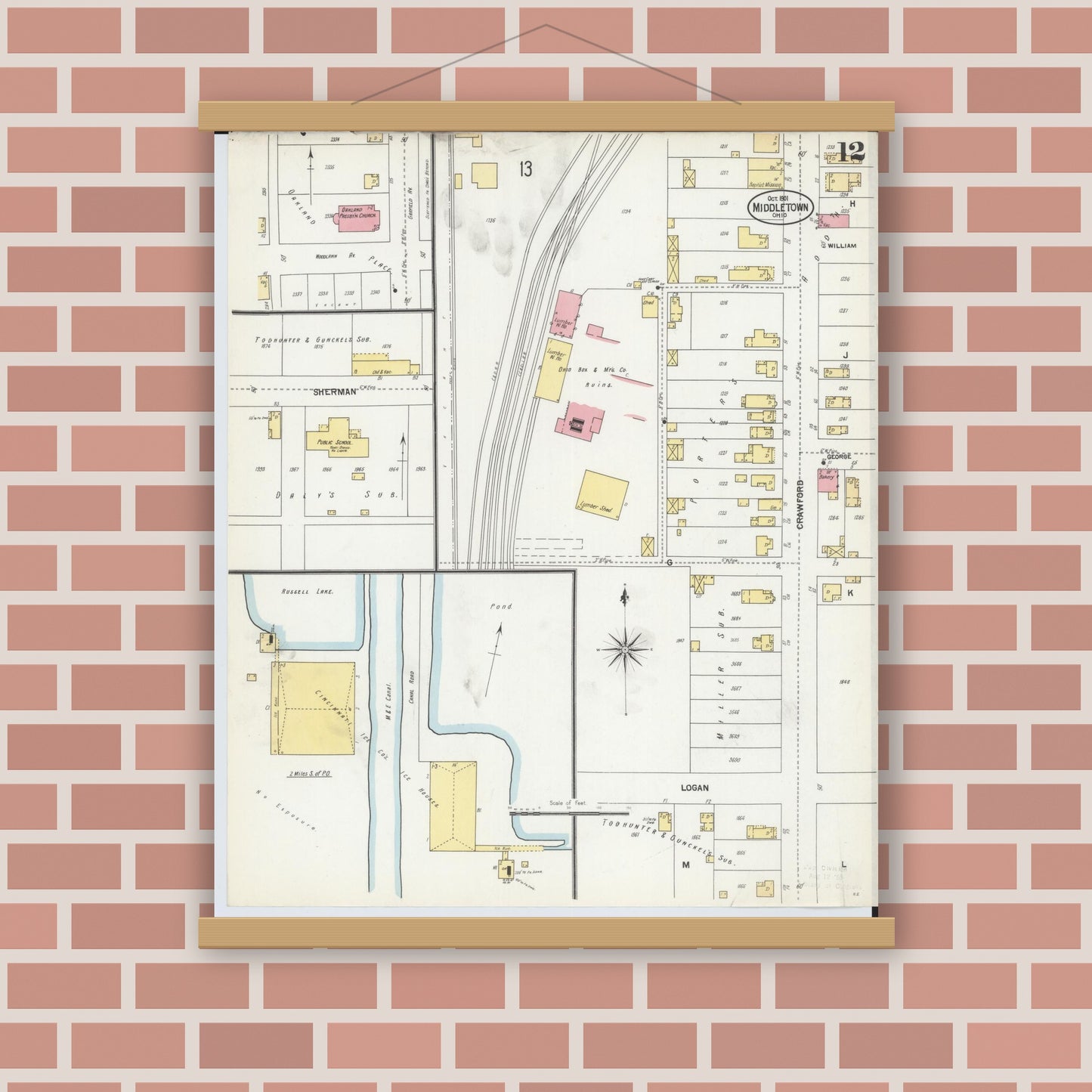 Old map wall art mockup — magnetic wood frame on brick wall — Sanborn Fire Insurance Map from Middletown, Butler County, Ohio (1901), Sheet #0012