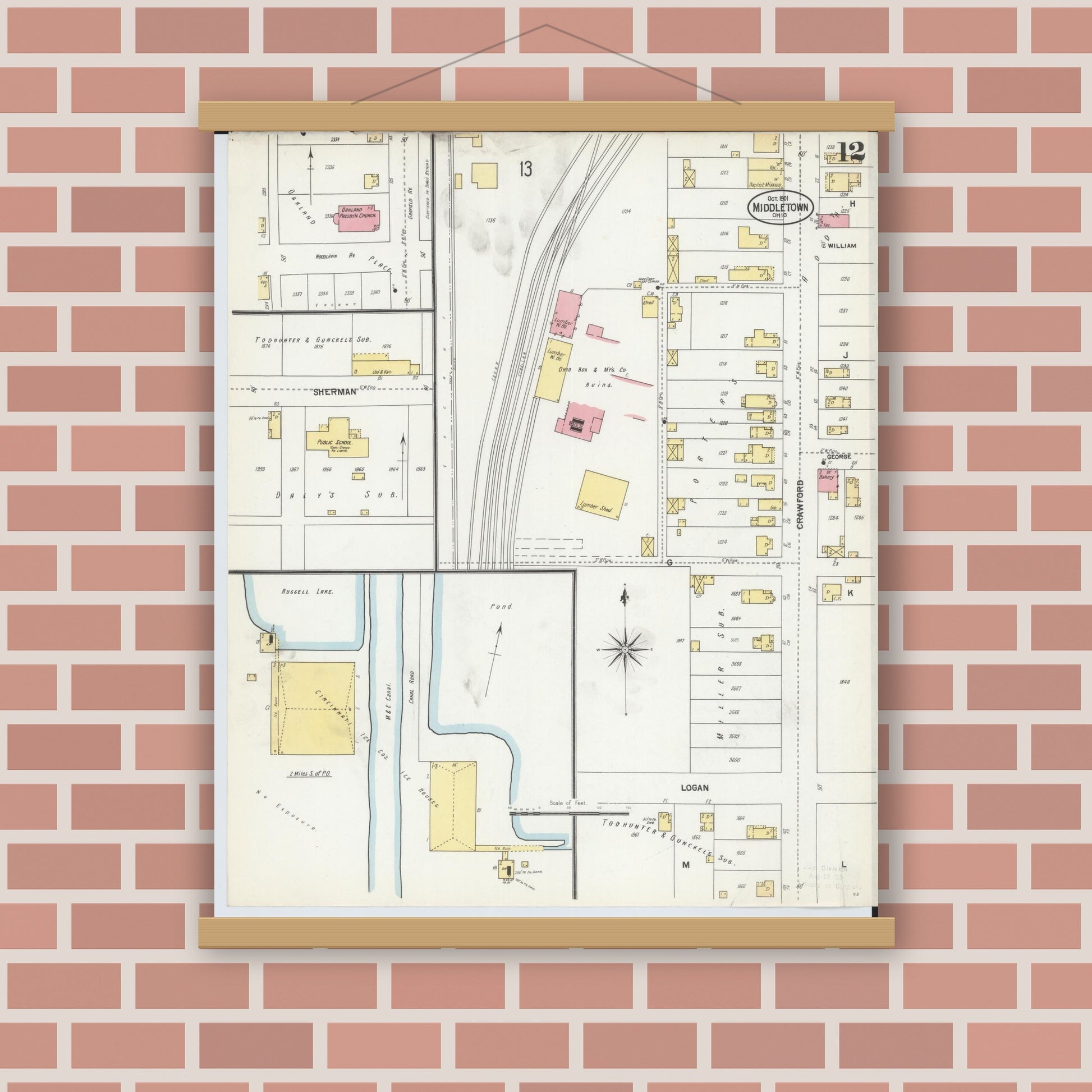 Old map wall art mockup — magnetic wood frame on brick wall — Sanborn Fire Insurance Map from Middletown, Butler County, Ohio (1901), Sheet #0012