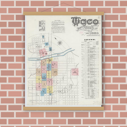 Old map wall art mockup — magnetic wood frame on brick wall — Sanborn Fire Insurance Map from Waco, McLennan County, Texas (1889) - Complete Map Set