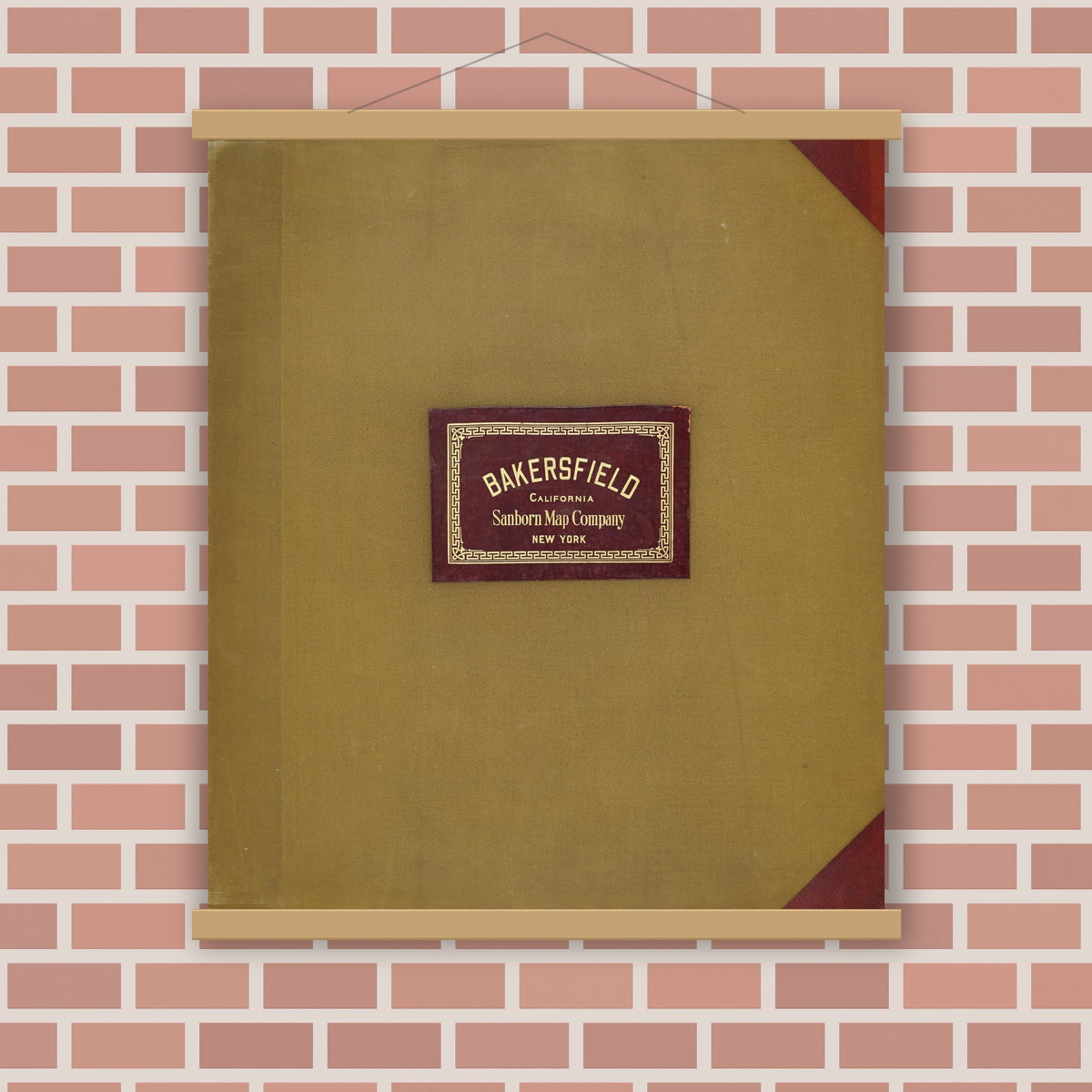 Old map wall art mockup — magnetic wood frame on brick wall — Sanborn Fire Insurance Map from Bakersfield, Kern County, California (1951), Sheet #0001