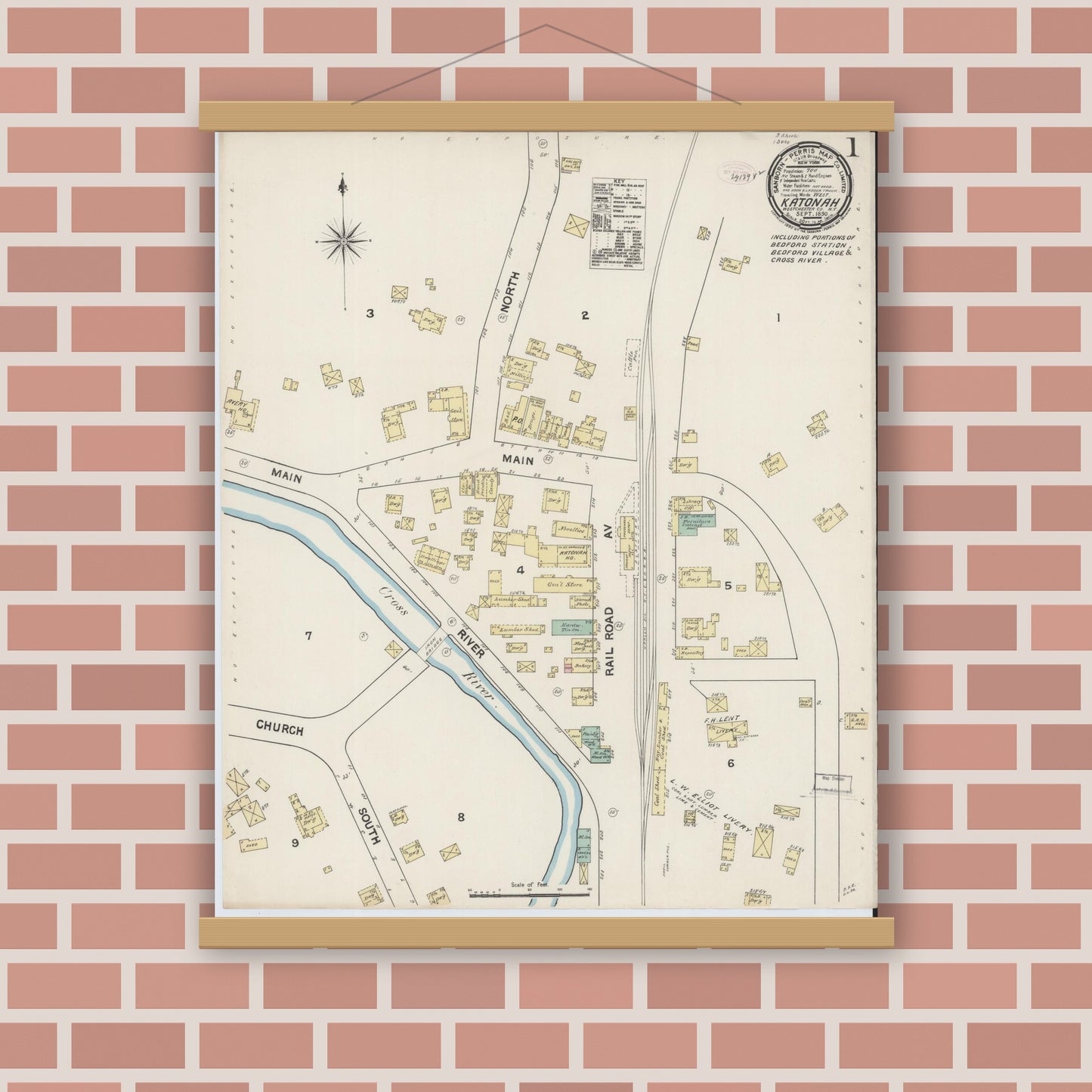 Old map wall art mockup — magnetic wood frame on brick wall — Sanborn Fire Insurance Map from Katonah, Westchester County, New York (1890) - Complete Map Set