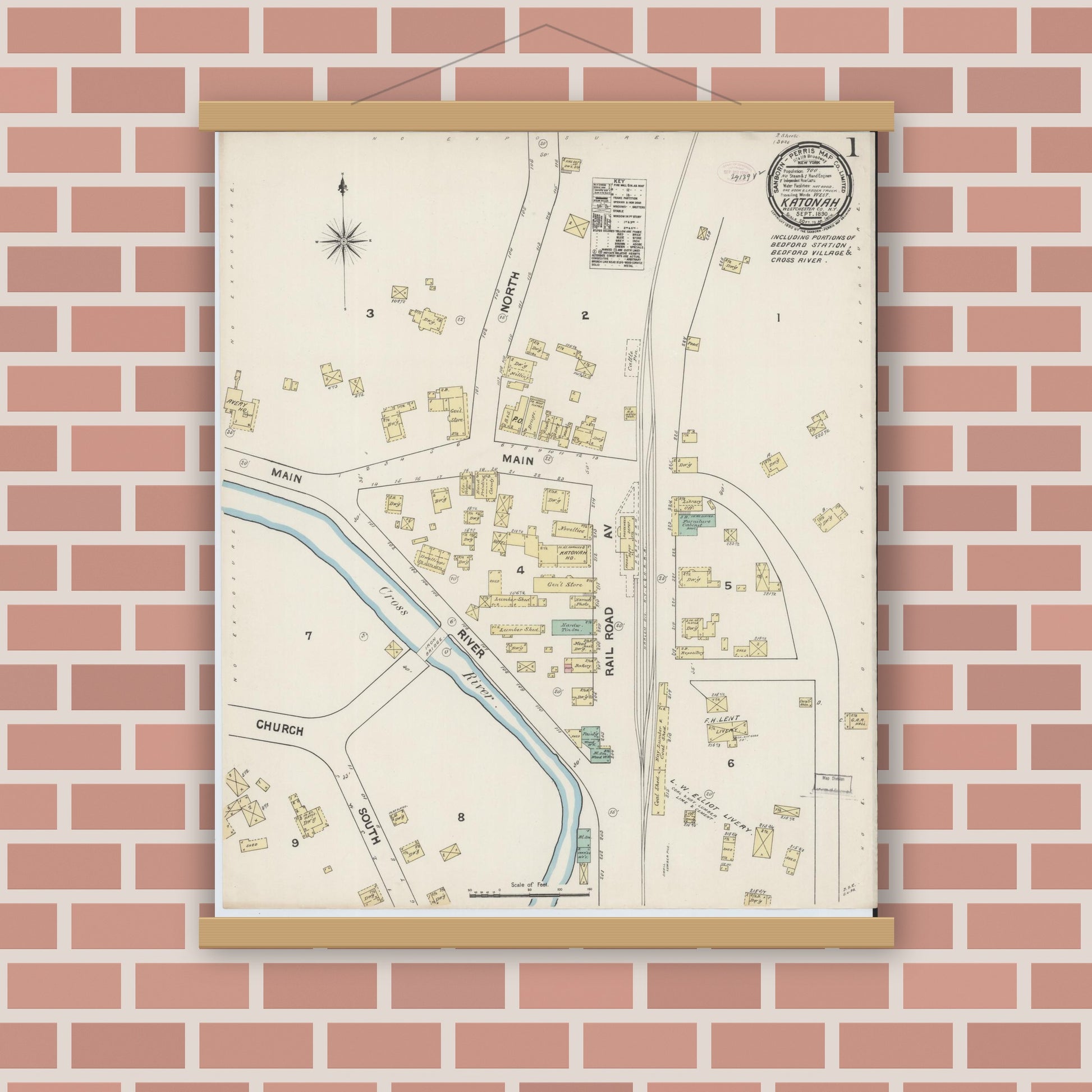 Old map wall art mockup — magnetic wood frame on brick wall — Sanborn Fire Insurance Map from Katonah, Westchester County, New York (1890) - Complete Map Set