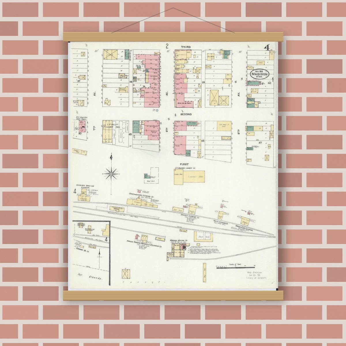 Old map wall art mockup — magnetic wood frame on brick wall — Sanborn Fire Insurance Map from Madison, Lac Qui Parle County, Minnesota (1906), Sheet #0004