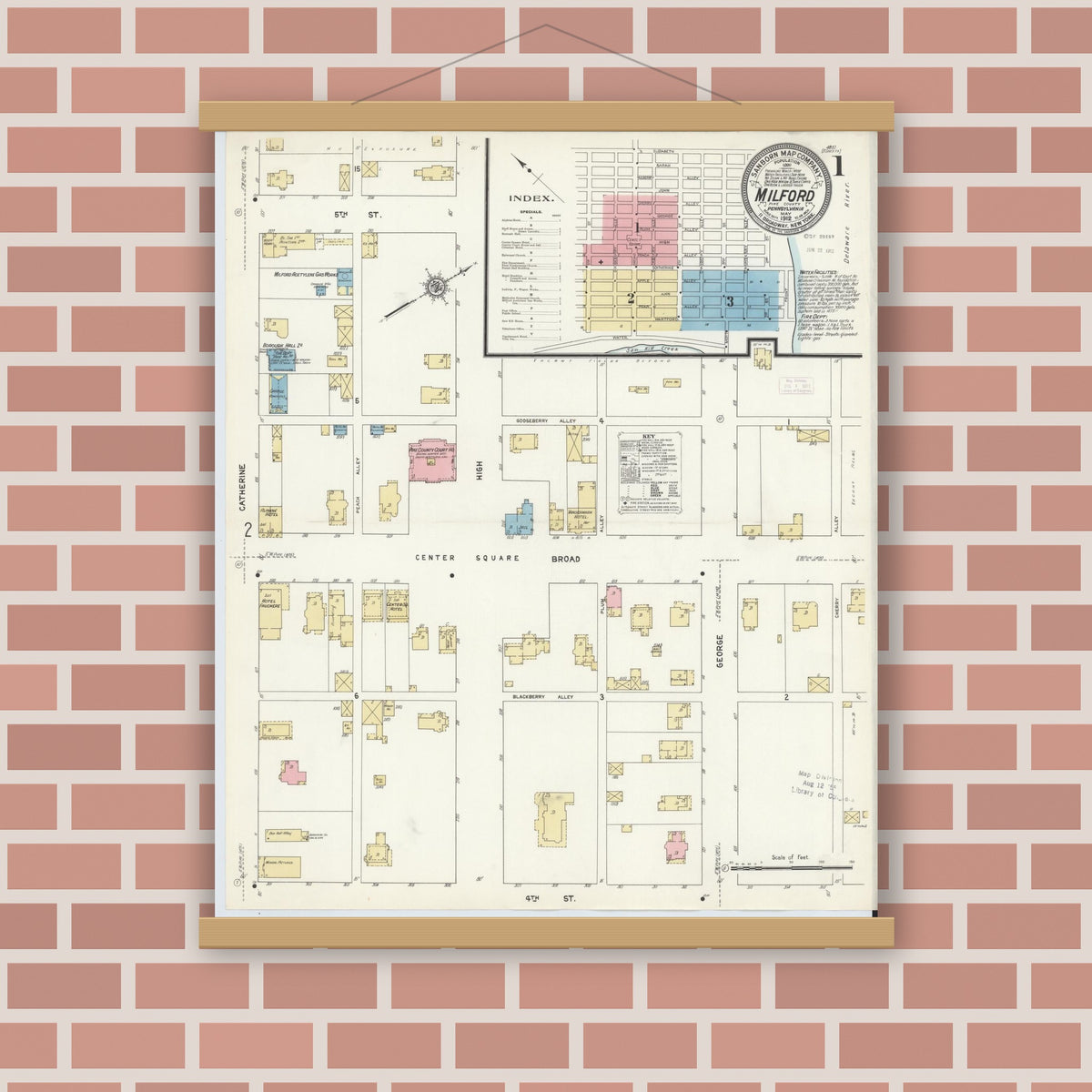 Old map wall art mockup — magnetic wood frame on brick wall — Sanborn Fire Insurance Map from Milford, Pike County, Pennsylvania (1912) - Complete Map Set