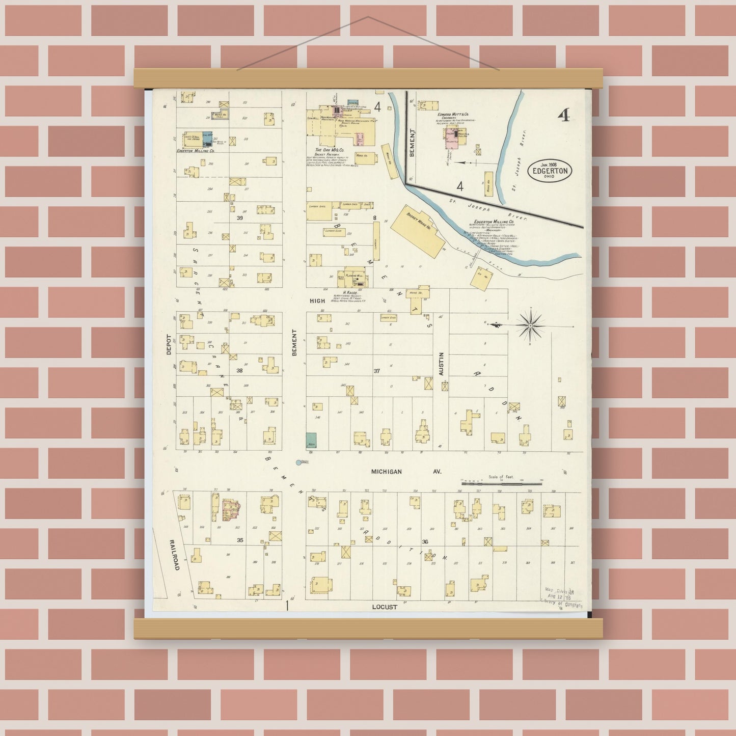 Old map wall art mockup — magnetic wood frame on brick wall — Sanborn Fire Insurance Map from Edgerton, Williams County, Ohio (1908), Sheet #0004