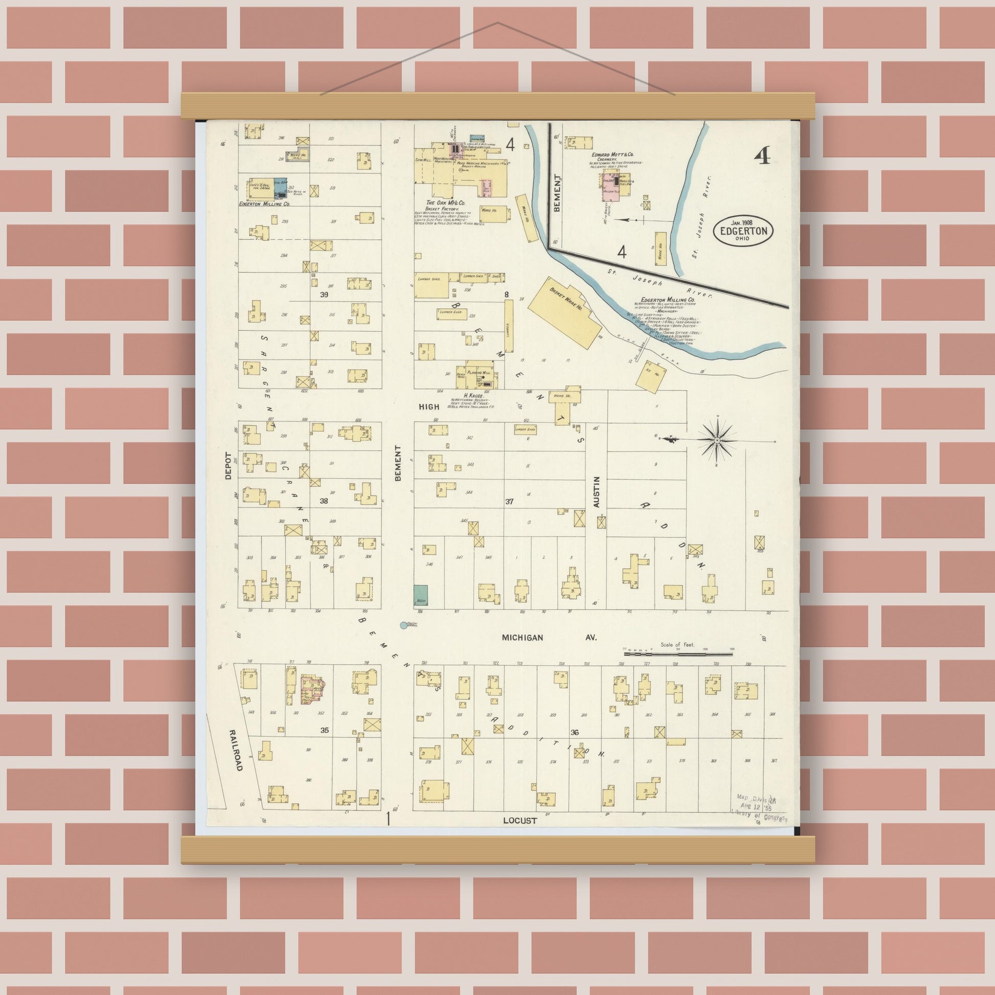 Old map wall art mockup — magnetic wood frame on brick wall — Sanborn Fire Insurance Map from Edgerton, Williams County, Ohio (1908), Sheet #0004