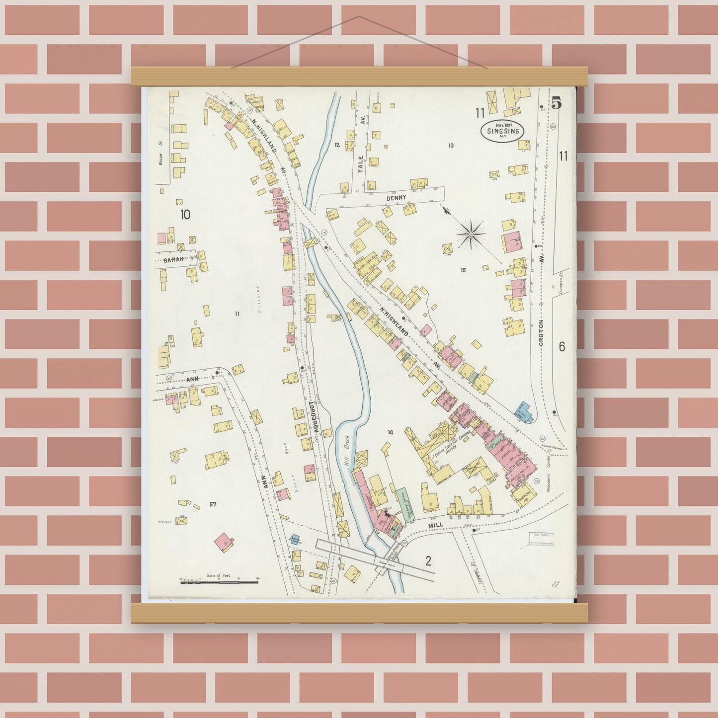 Old map wall art mockup — magnetic wood frame on brick wall — Sanborn Fire Insurance Map from Sing Sing, Westchester County, New York (1897), Sheet #0005