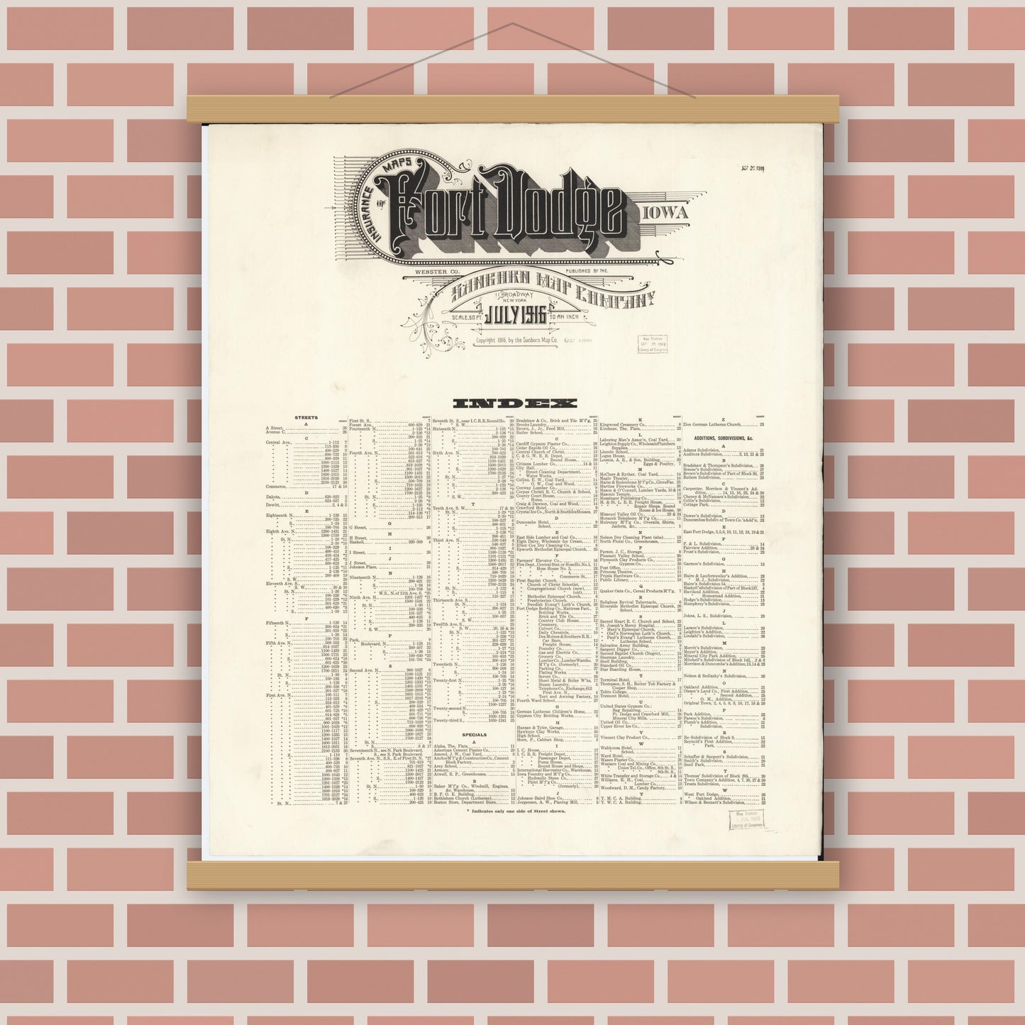 Old map wall art mockup — magnetic wood frame on brick wall — Sanborn Fire Insurance Map from Fort Dodge, Webster County, Iowa (1916), Sheet #0001
