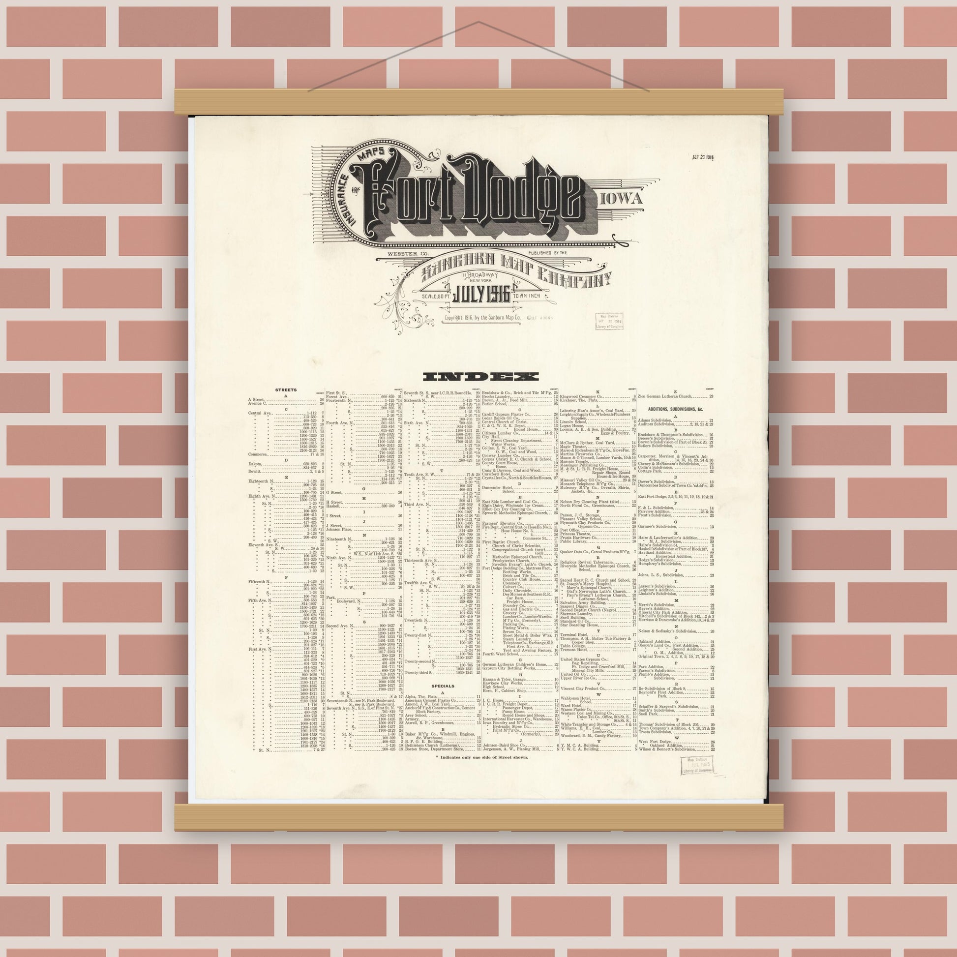 Old map wall art mockup — magnetic wood frame on brick wall — Sanborn Fire Insurance Map from Fort Dodge, Webster County, Iowa (1916), Sheet #0001