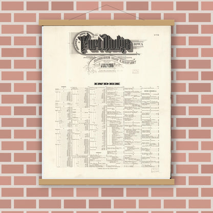 Old map wall art mockup — magnetic wood frame on brick wall — Sanborn Fire Insurance Map from Fort Dodge, Webster County, Iowa (1916), Sheet #0001