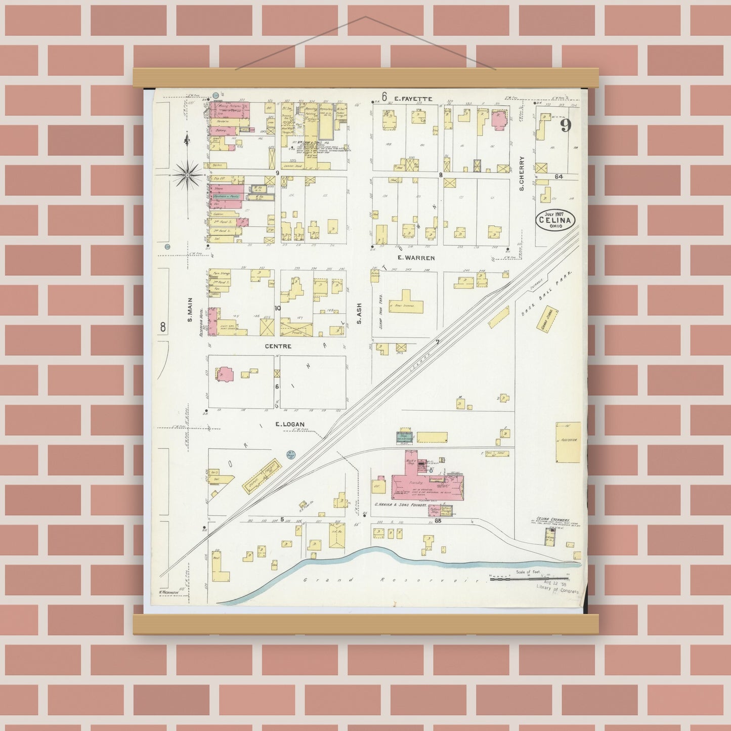 Old map wall art mockup — magnetic wood frame on brick wall — Sanborn Fire Insurance Map from Celina, Mercer County, Ohio (1907), Sheet #0009