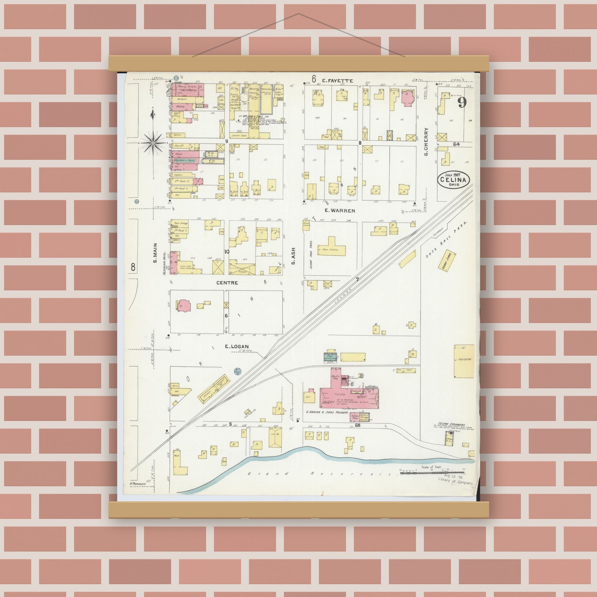 Old map wall art mockup — magnetic wood frame on brick wall — Sanborn Fire Insurance Map from Celina, Mercer County, Ohio (1907), Sheet #0009