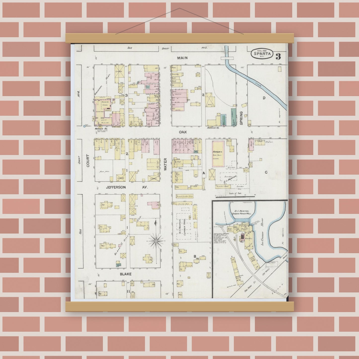Old map wall art mockup — magnetic wood frame on brick wall — Sanborn Fire Insurance Map from Sparta, Monroe County, Wisconsin (1889), Sheet #0003