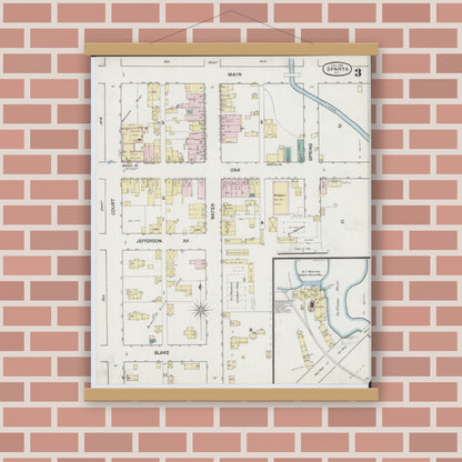 Old map wall art mockup — magnetic wood frame on brick wall — Sanborn Fire Insurance Map from Sparta, Monroe County, Wisconsin (1889), Sheet #0003
