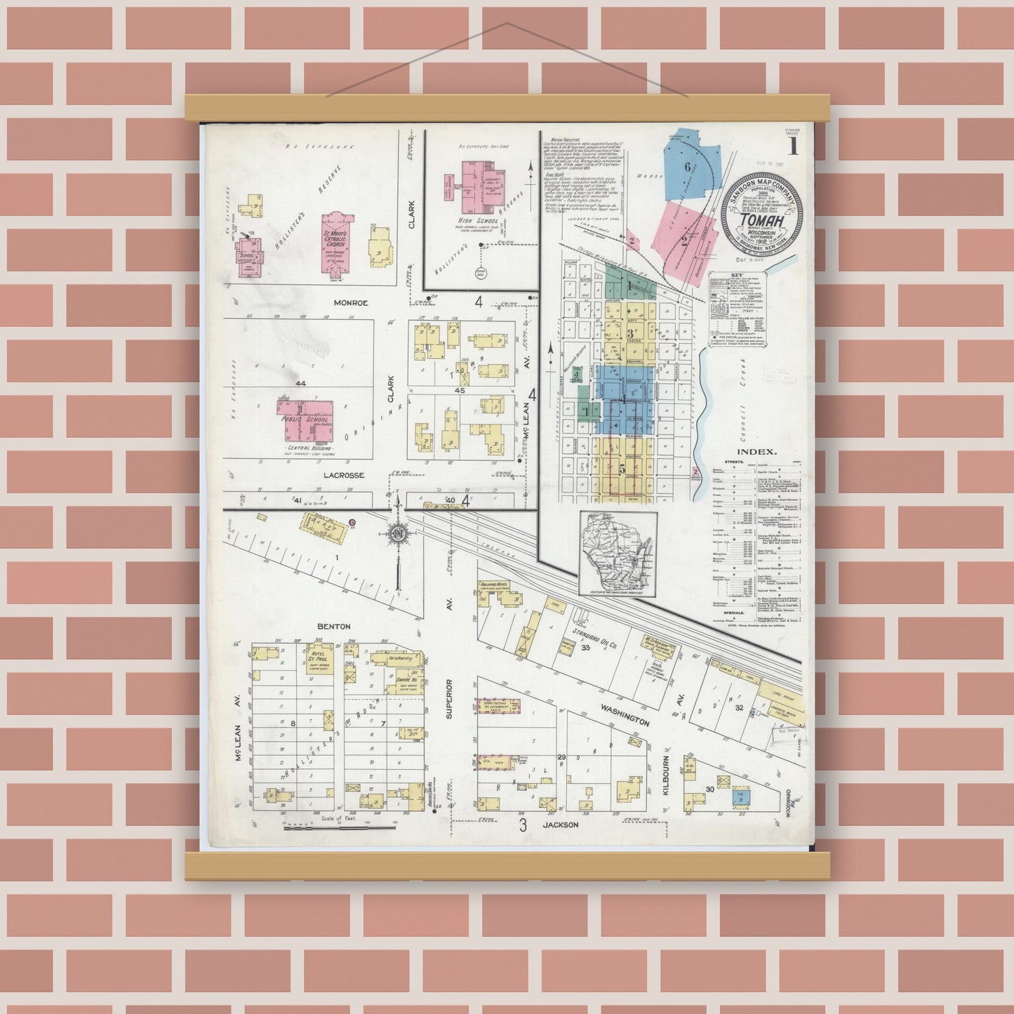 Old map wall art mockup — magnetic wood frame on brick wall — Sanborn Fire Insurance Map from Tomah, Monroe County, Wisconsin (1912), Sheet #0001