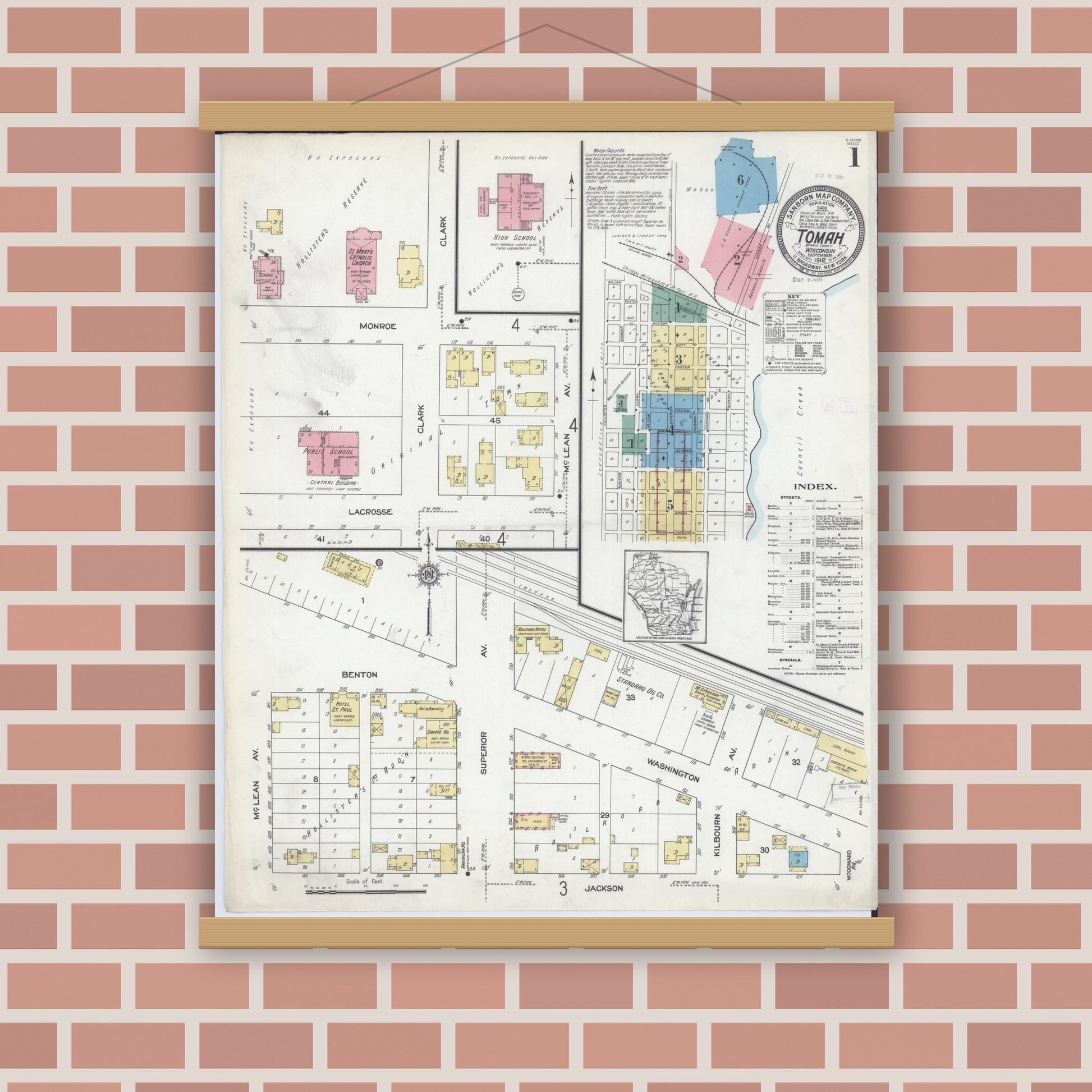 Old map wall art mockup — magnetic wood frame on brick wall — Sanborn Fire Insurance Map from Tomah, Monroe County, Wisconsin (1912), Sheet #0001