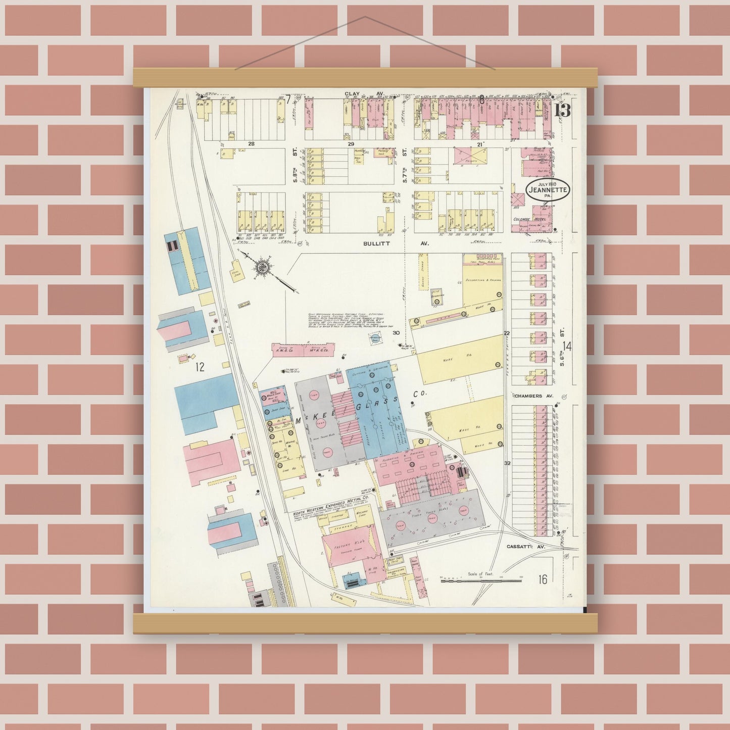 Old map wall art mockup — magnetic wood frame on brick wall — Sanborn Fire Insurance Map from Jeannette, Westmoreland County, Pennsylvania (1910), Sheet #0013