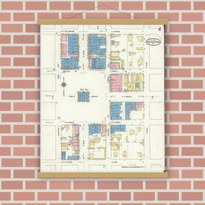 Old map wall art mockup — magnetic wood frame on brick wall — Sanborn Fire Insurance Map from Weatherford, Parker County, Texas (1910), Sheet #0004