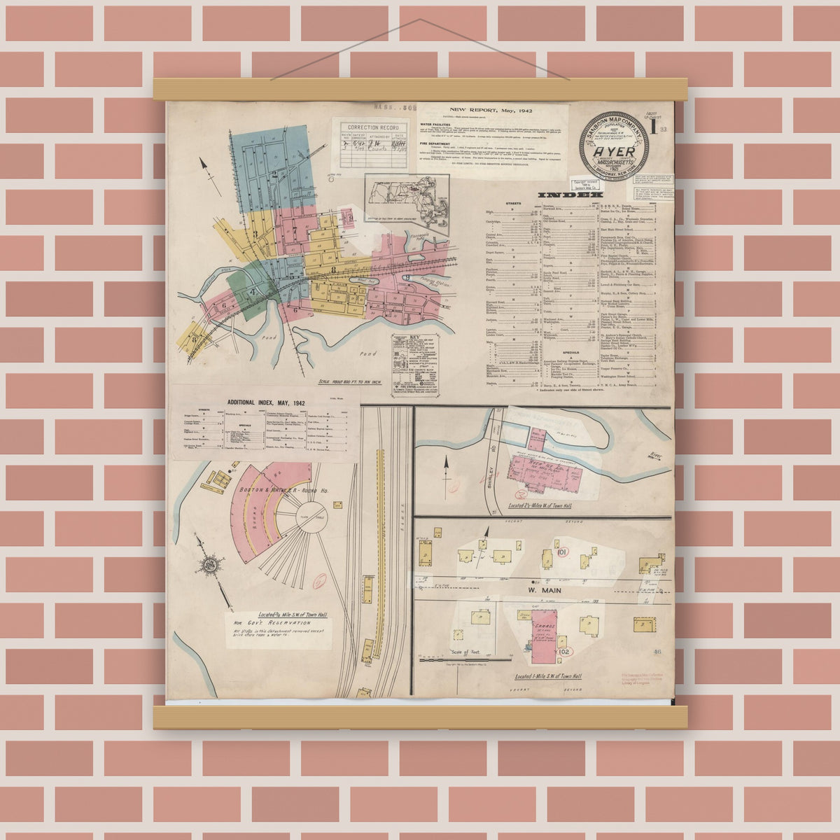Old map wall art mockup — magnetic wood frame on brick wall — Sanborn Fire Insurance Map from Ayer, Middlesex County, Massachusetts (1949), Sheet #0001