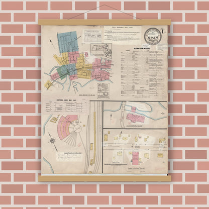 Old map wall art mockup — magnetic wood frame on brick wall — Sanborn Fire Insurance Map from Ayer, Middlesex County, Massachusetts (1949), Sheet #0001