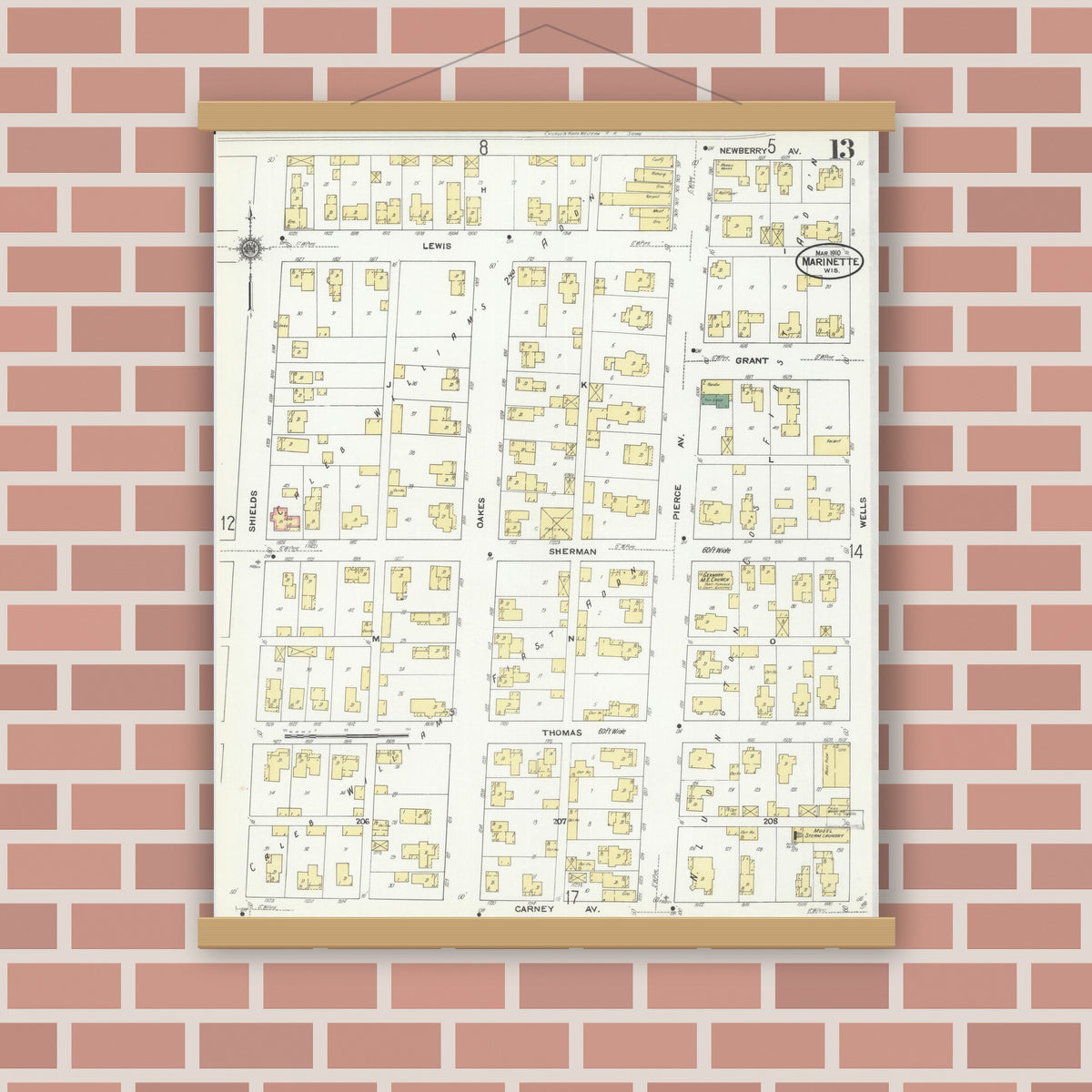Old map wall art mockup — magnetic wood frame on brick wall — Sanborn Fire Insurance Map from Marinette, Marinette County, Wisconsin (1910), Sheet #0013