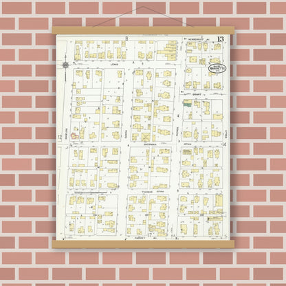 Old map wall art mockup — magnetic wood frame on brick wall — Sanborn Fire Insurance Map from Marinette, Marinette County, Wisconsin (1910), Sheet #0013