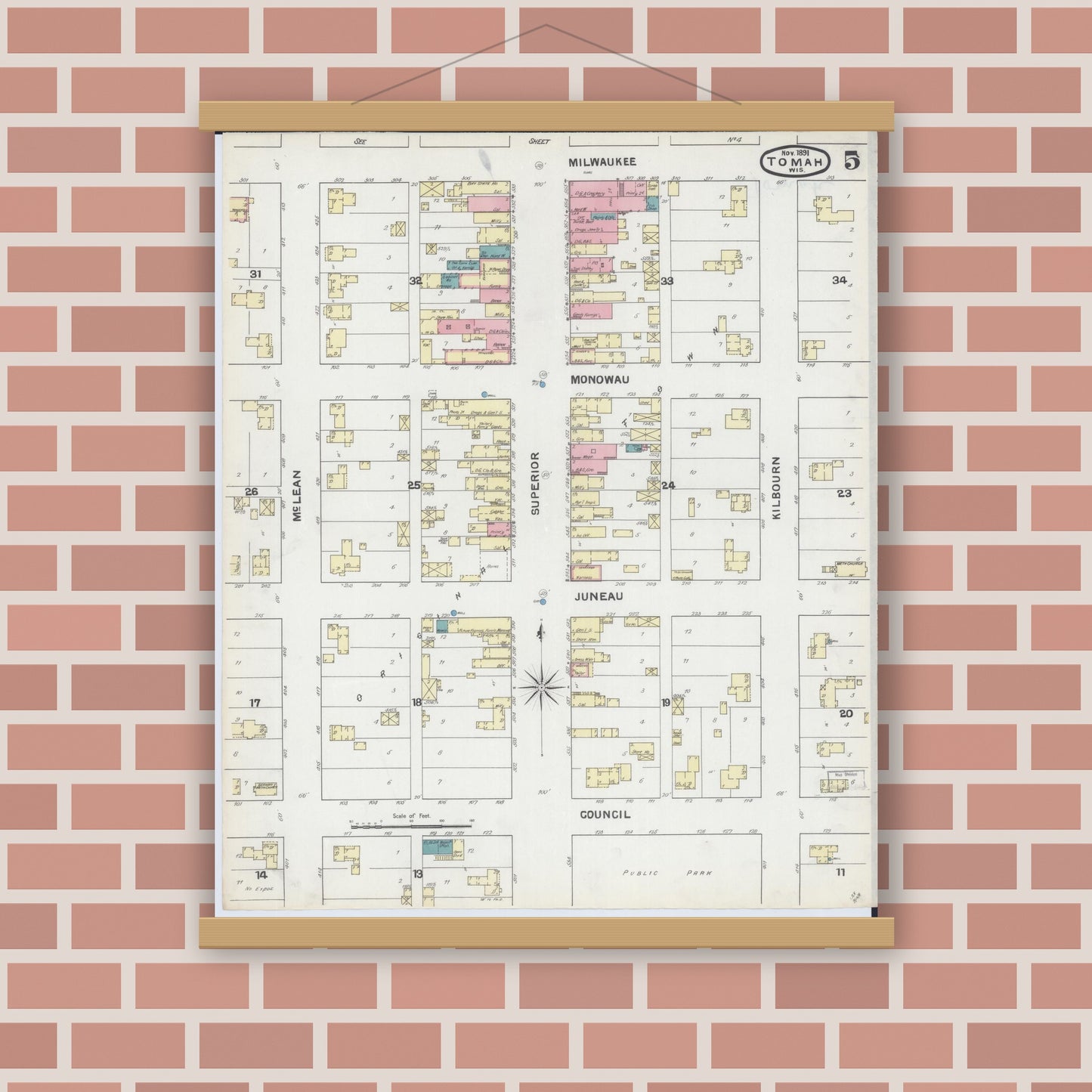 Old map wall art mockup — magnetic wood frame on brick wall — Sanborn Fire Insurance Map from Tomah, Monroe County, Wisconsin (1891), Sheet #0005