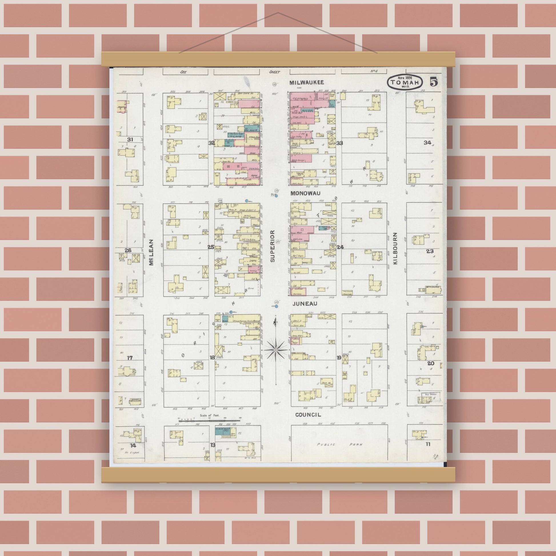 Old map wall art mockup — magnetic wood frame on brick wall — Sanborn Fire Insurance Map from Tomah, Monroe County, Wisconsin (1891), Sheet #0005