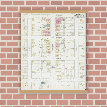 Old map wall art mockup — magnetic wood frame on brick wall — Sanborn Fire Insurance Map from Tomah, Monroe County, Wisconsin (1891), Sheet #0005