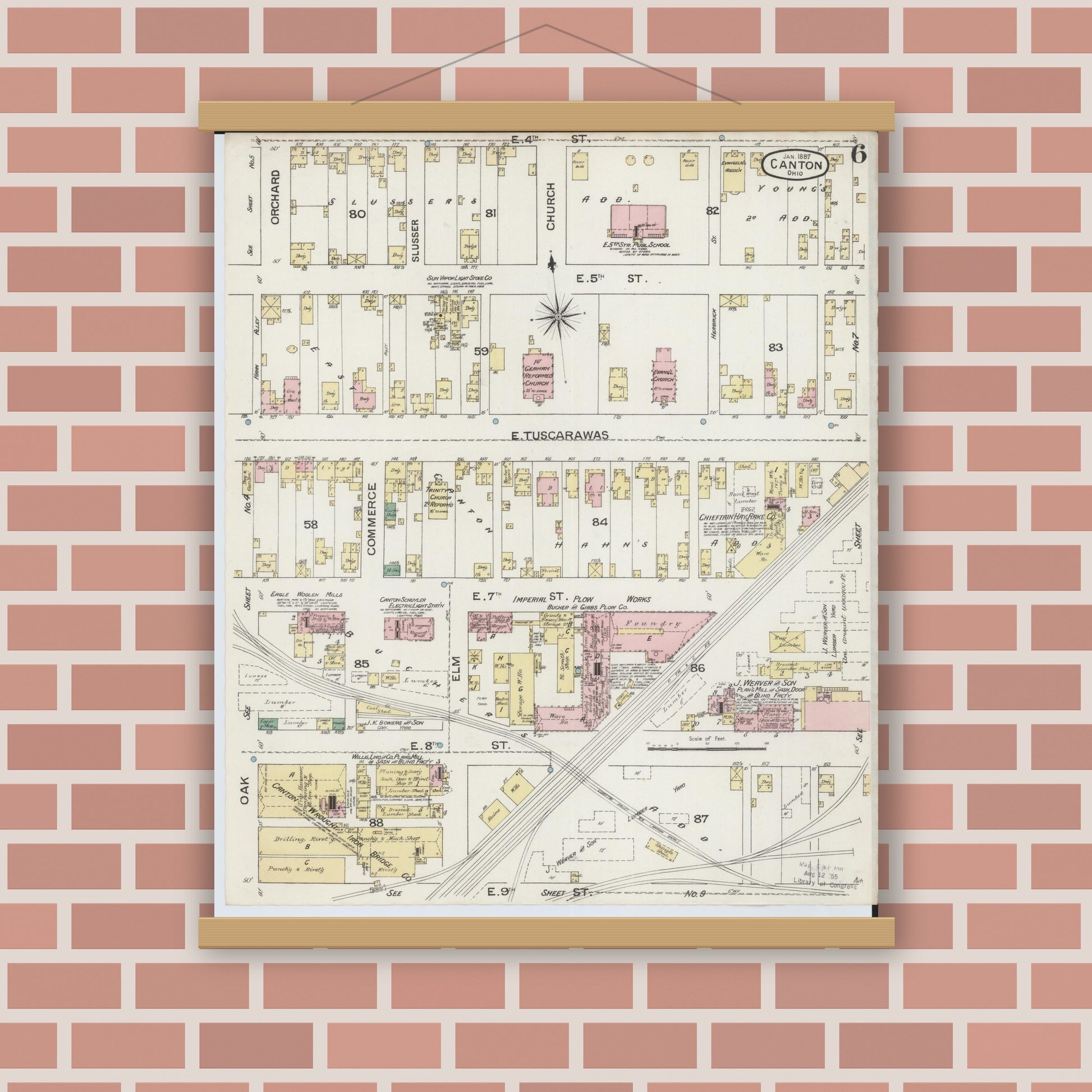 Old map wall art mockup — magnetic wood frame on brick wall — Sanborn Fire Insurance Map from Canton, Stark County, Ohio (1887), Sheet #0006