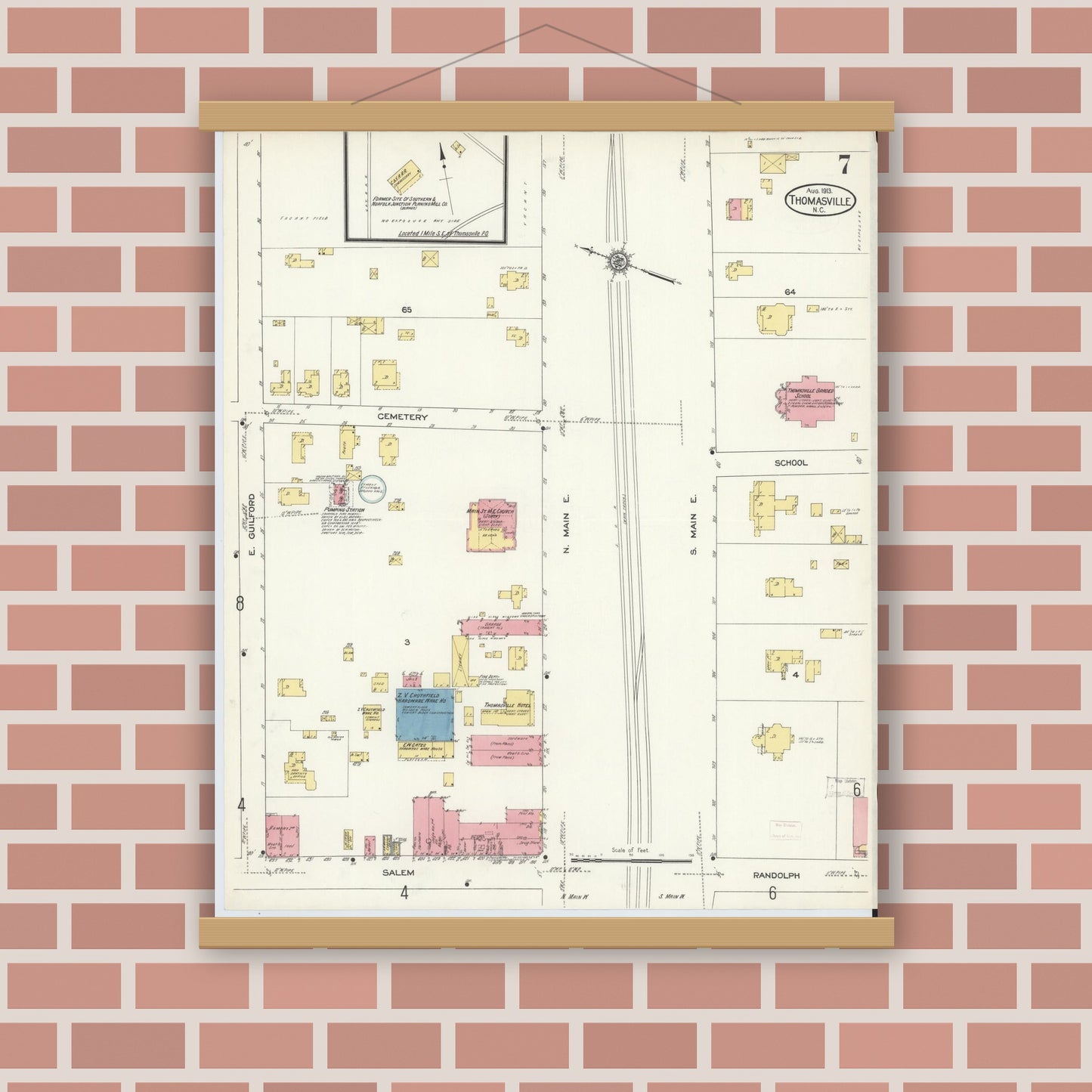 Old map wall art mockup — magnetic wood frame on brick wall — Sanborn Fire Insurance Map from Thomasville, Davidson County, North Carolina (1913), Sheet #0007