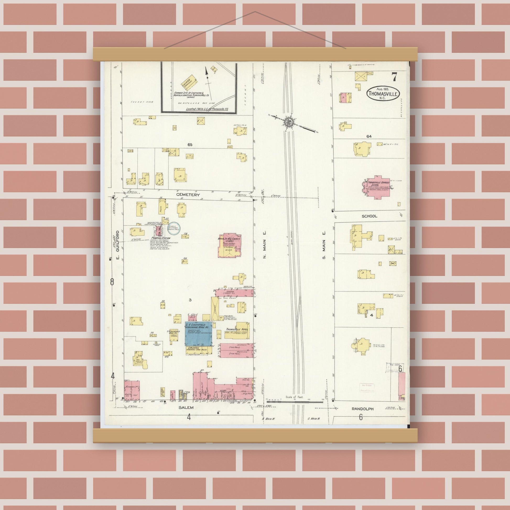 Old map wall art mockup — magnetic wood frame on brick wall — Sanborn Fire Insurance Map from Thomasville, Davidson County, North Carolina (1913), Sheet #0007