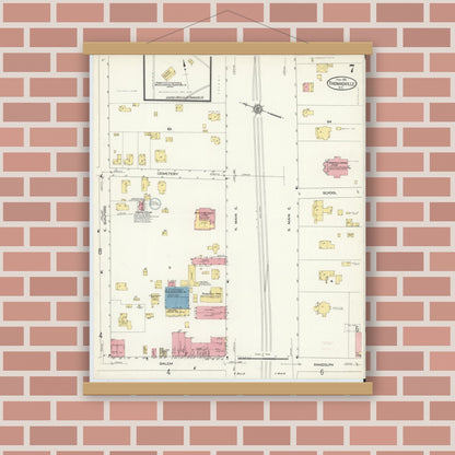 Old map wall art mockup — magnetic wood frame on brick wall — Sanborn Fire Insurance Map from Thomasville, Davidson County, North Carolina (1913), Sheet #0007