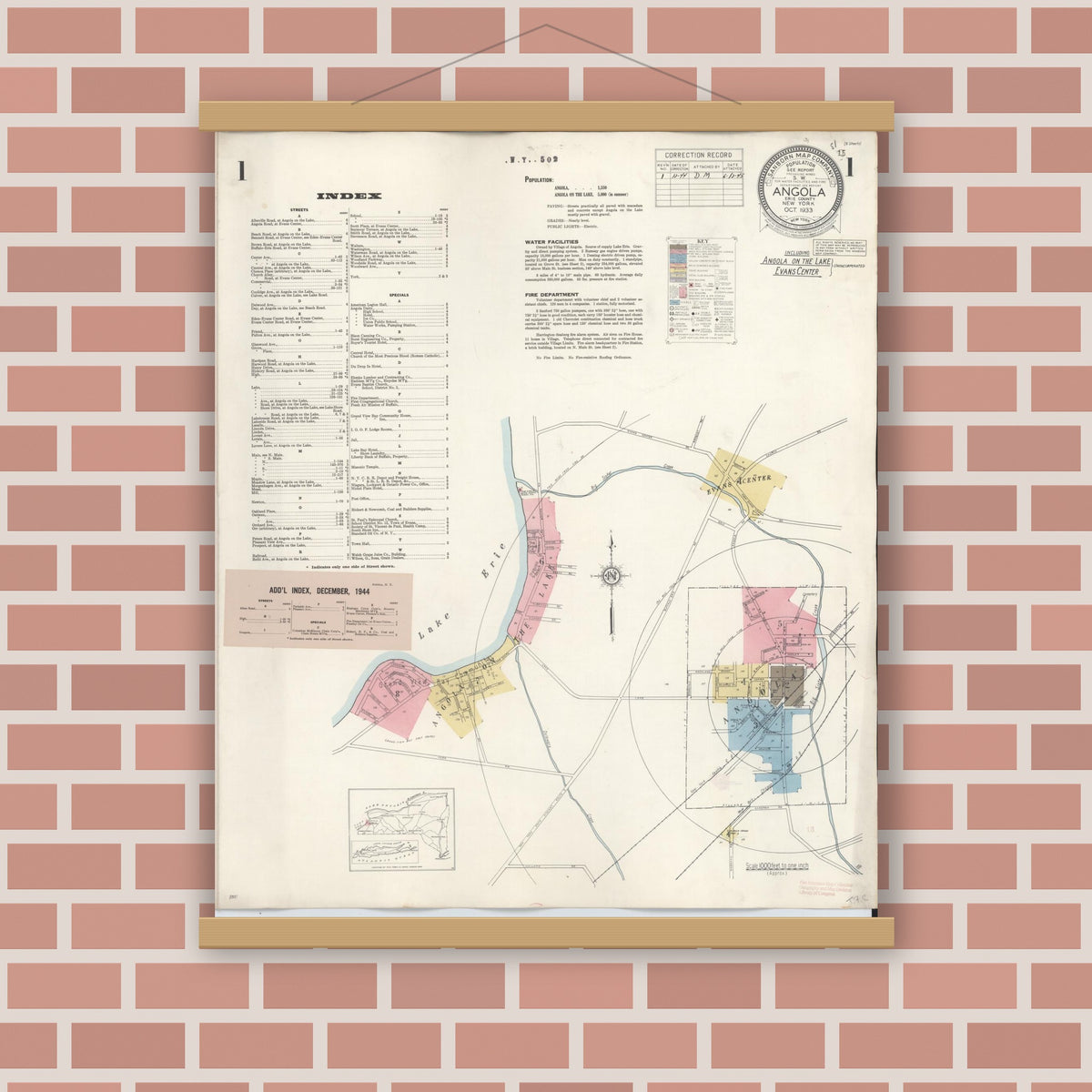 Old map wall art mockup — magnetic wood frame on brick wall — Sanborn Fire Insurance Map from Angola, Erie County, New York (1944), Sheet #0001