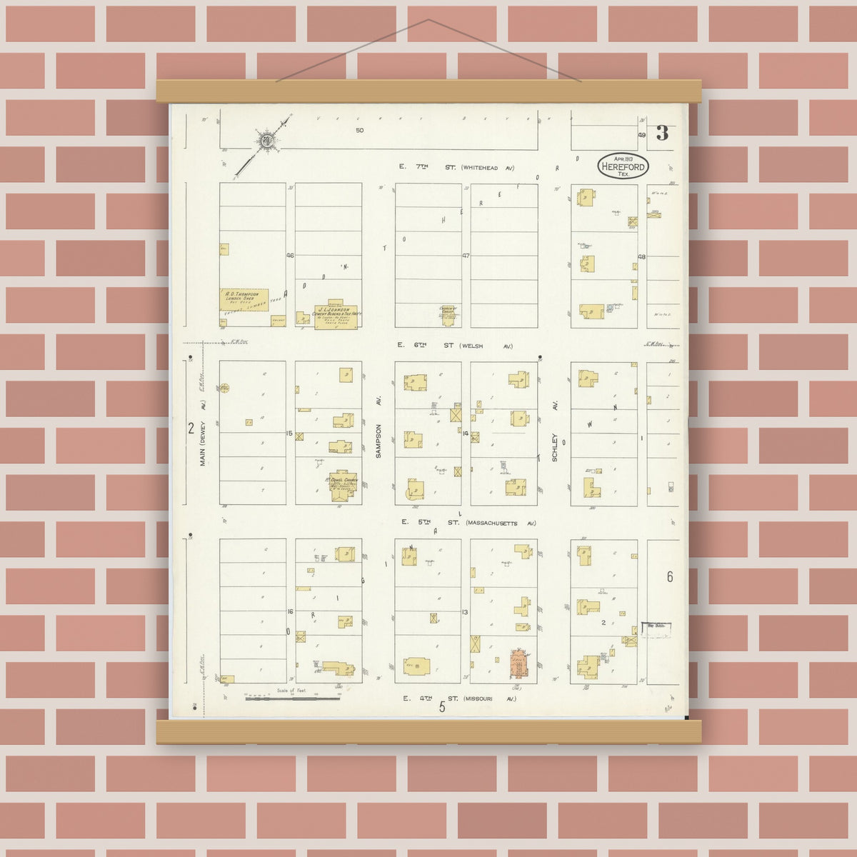 Old map wall art mockup — magnetic wood frame on brick wall — Sanborn Fire Insurance Map from Hereford, Deaf Smith County, Texas (1913), Sheet #0003