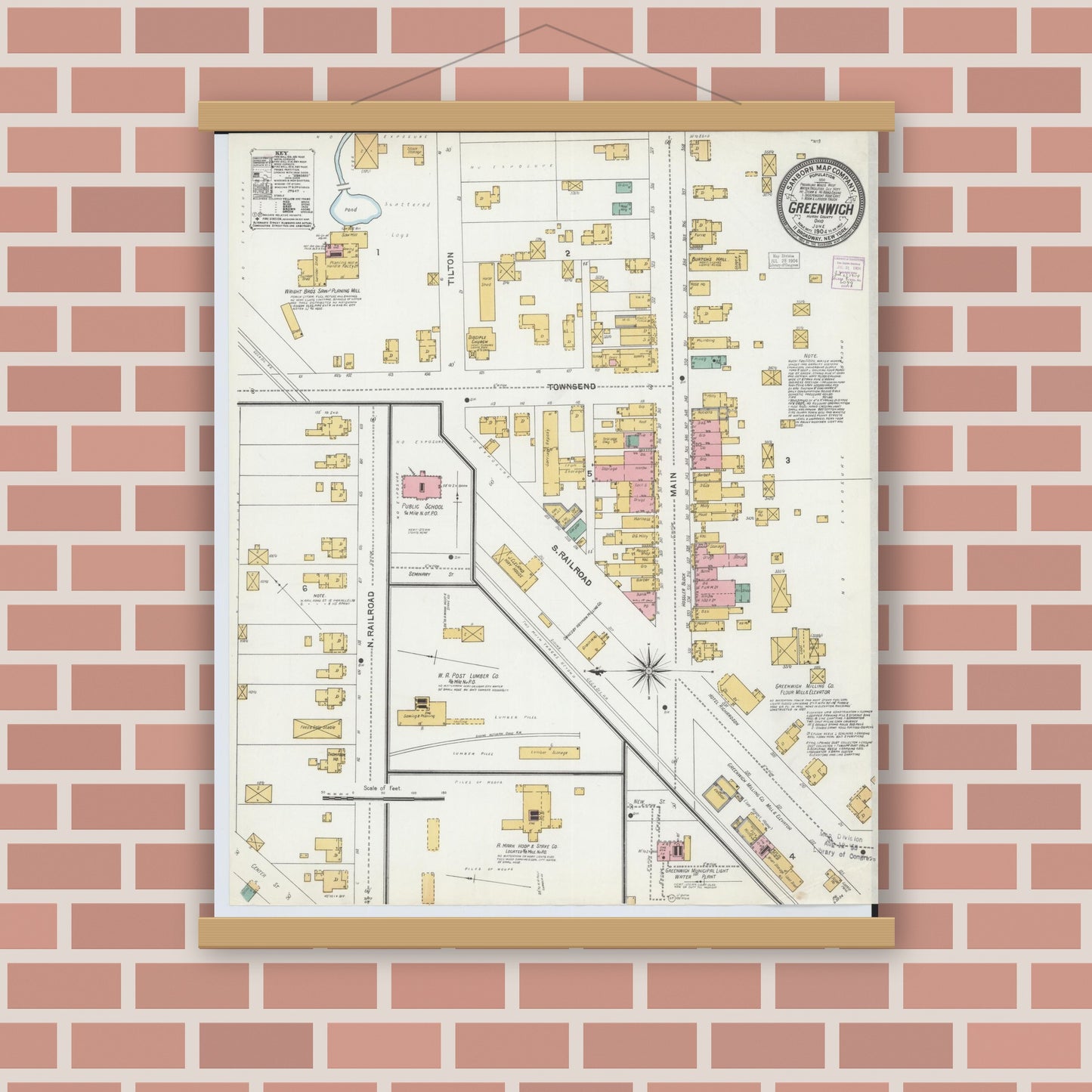 Old map wall art mockup — magnetic wood frame on brick wall — Sanborn Fire Insurance Map from Greenwich, Huron County, Ohio (1904), Sheet #0001