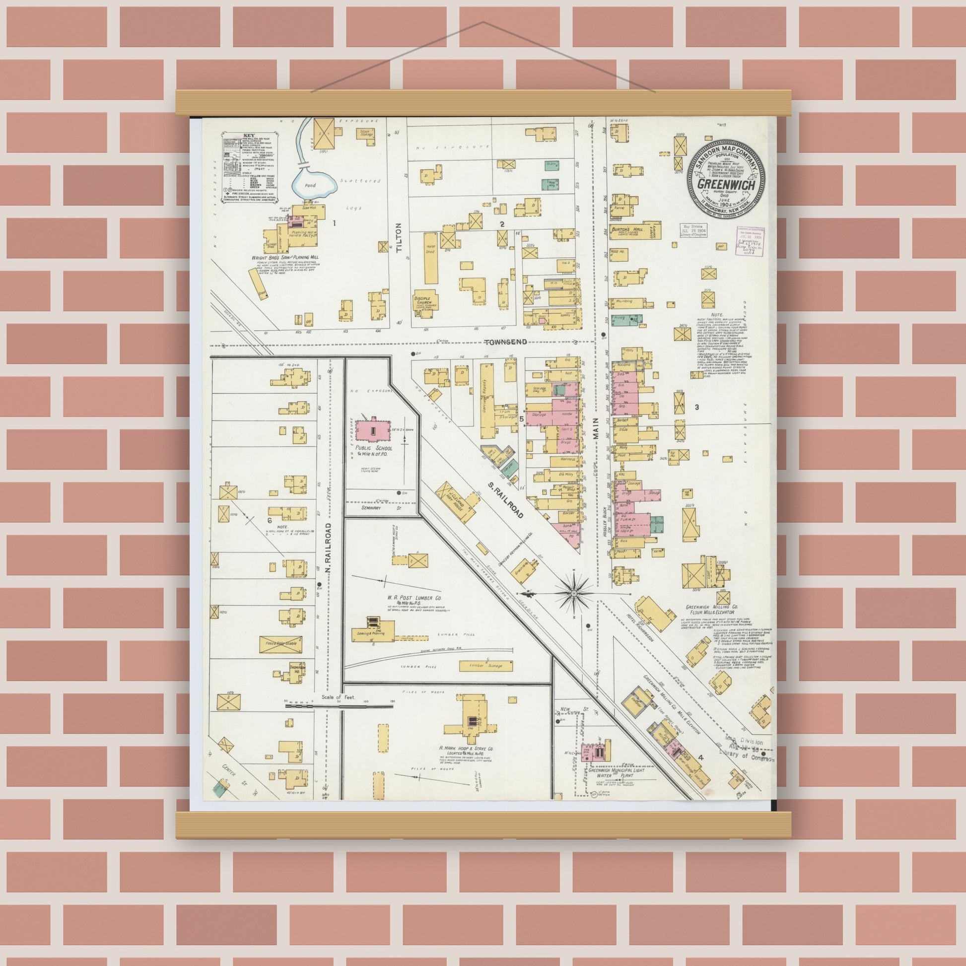 Old map wall art mockup — magnetic wood frame on brick wall — Sanborn Fire Insurance Map from Greenwich, Huron County, Ohio (1904), Sheet #0001