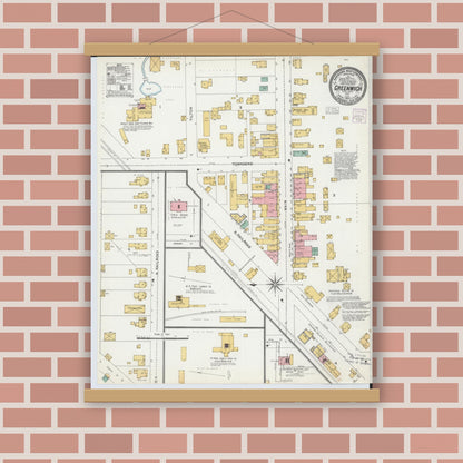 Old map wall art mockup — magnetic wood frame on brick wall — Sanborn Fire Insurance Map from Greenwich, Huron County, Ohio (1904), Sheet #0001