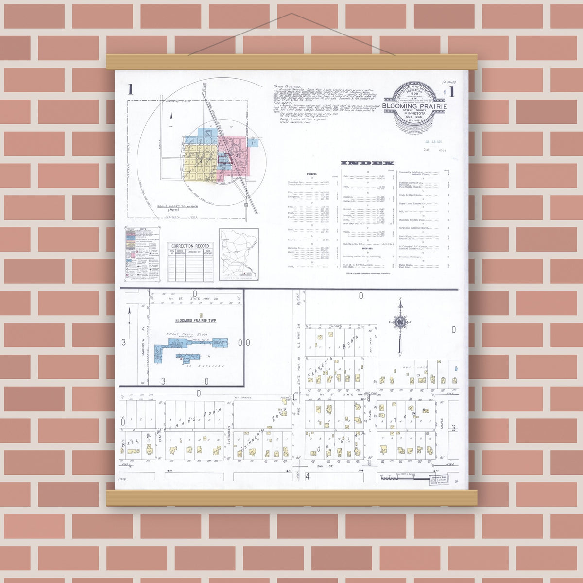 Old map wall art mockup — magnetic wood frame on brick wall — Sanborn Fire Insurance Map from Blooming Prairie, Steele County, Minnesota (1948), Sheet #0001