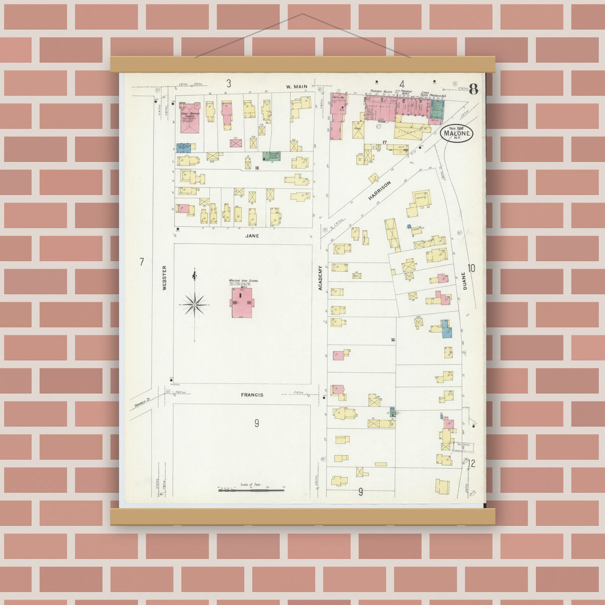 Old map wall art mockup — magnetic wood frame on brick wall — Sanborn Fire Insurance Map from Malone, Franklin County, New York (1908), Sheet #0008