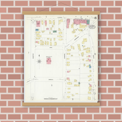 Old map wall art mockup — magnetic wood frame on brick wall — Sanborn Fire Insurance Map from Malone, Franklin County, New York (1908), Sheet #0008