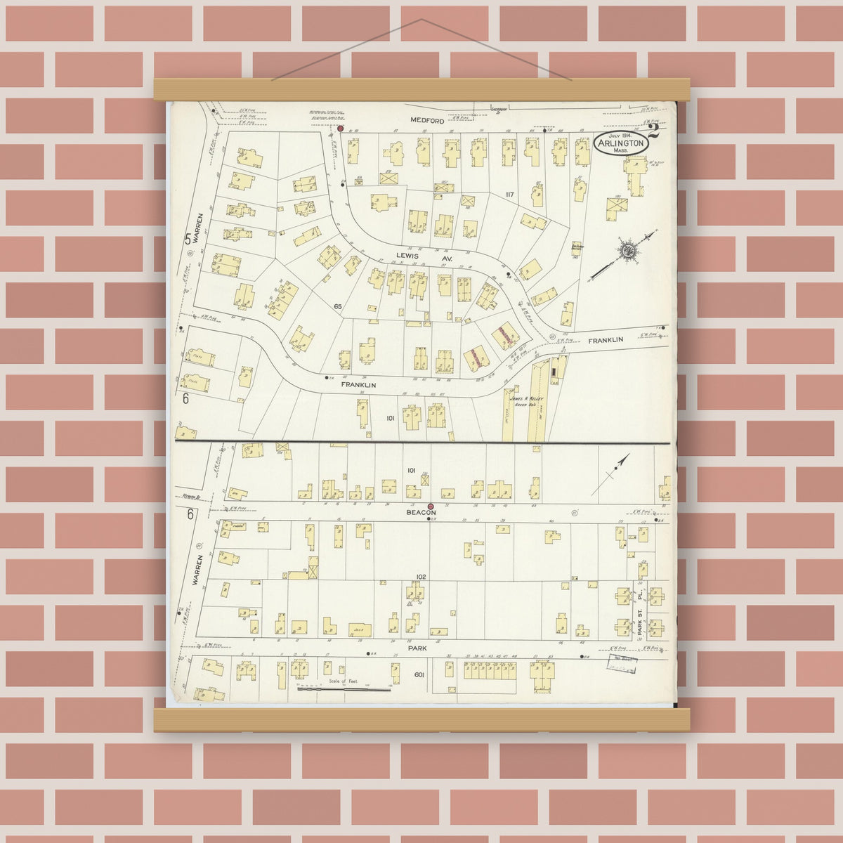 Old map wall art mockup — magnetic wood frame on brick wall — Sanborn Fire Insurance Map from Arlington, Middlesex County, Massachusetts (1914), Sheet #0002