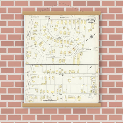 Old map wall art mockup — magnetic wood frame on brick wall — Sanborn Fire Insurance Map from Arlington, Middlesex County, Massachusetts (1914), Sheet #0002