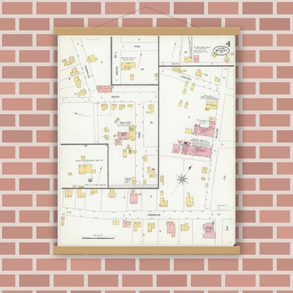 Old map wall art mockup — magnetic wood frame on brick wall — Sanborn Fire Insurance Map from Mount Airy, Surry County, North Carolina (1900), Sheet #0004